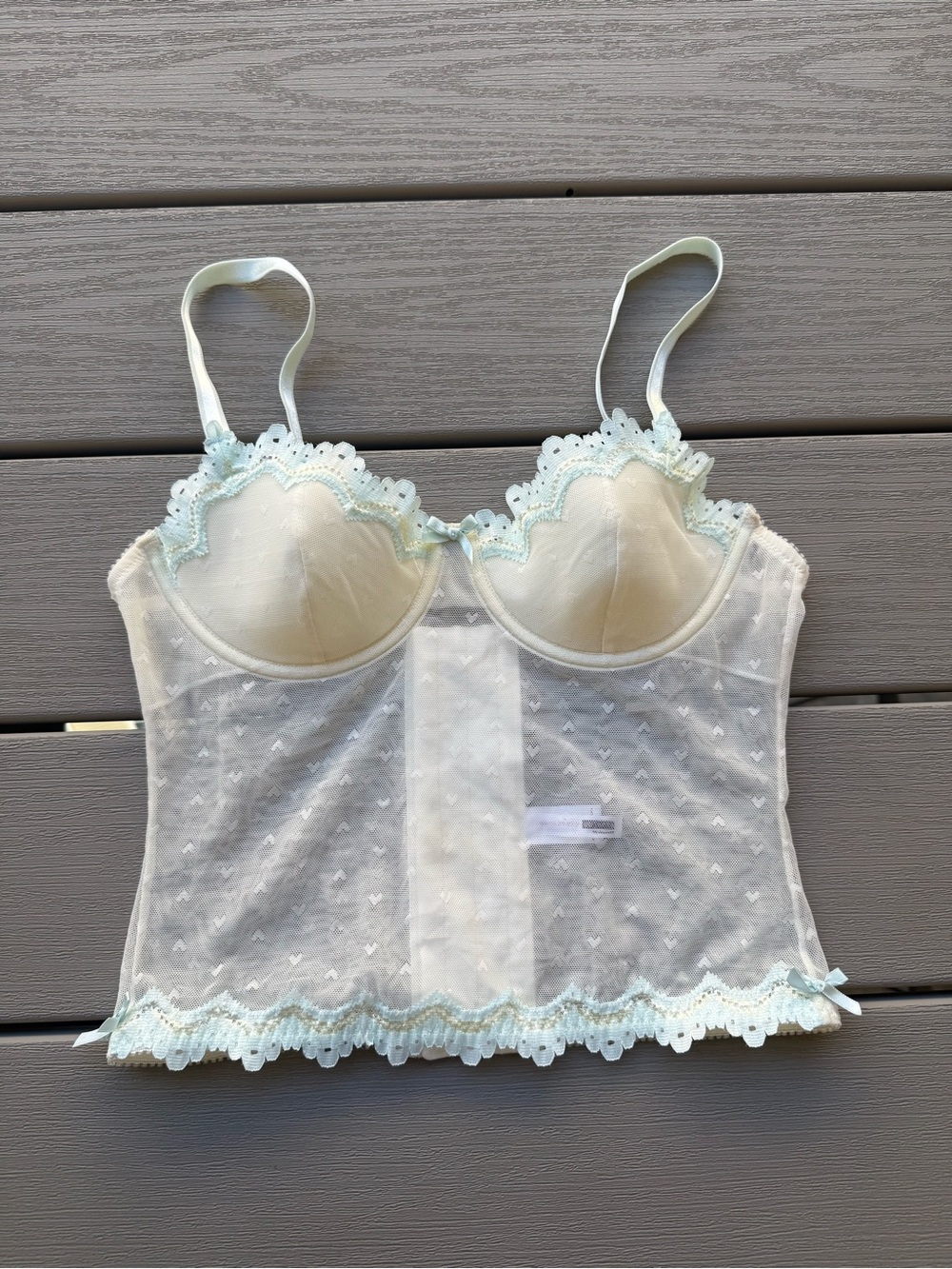 Necessary Objects 34B Sheer Mesh Bustier Bralette Crop Top Ivory Lace